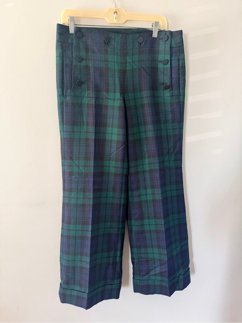 J. Crew Green and Navy Plaid Wide-Leg Pants
